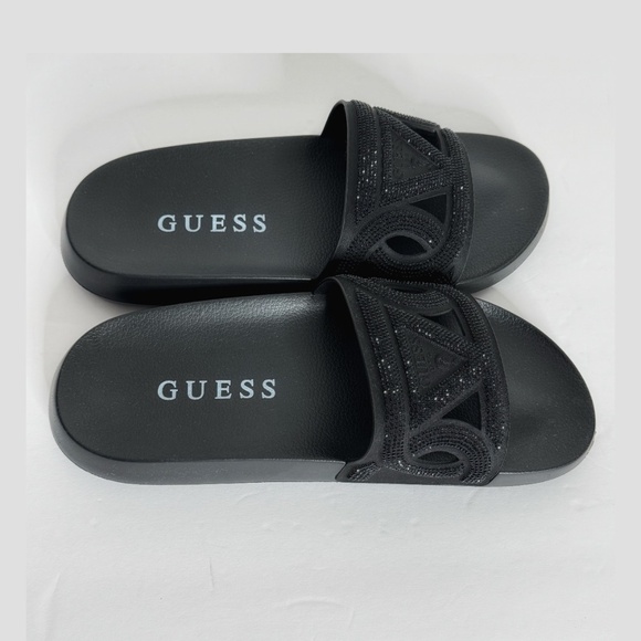 NWT Guess Payca Slides Black Rhinestone Sandals Open Toe Slip Ons Shimmer Sz 9 - Picture 6 of 13